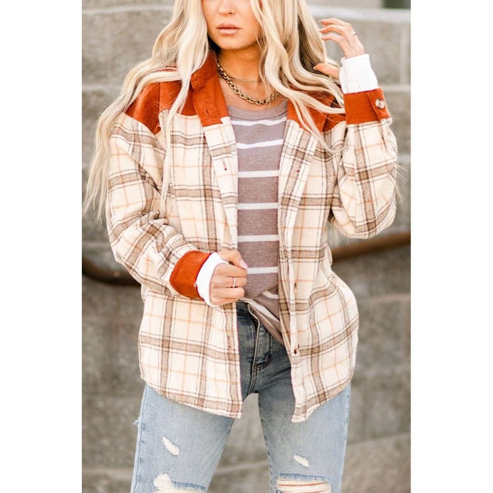 Joy & Kate Orange Contrast Corduroy Plaid Shacket NWOT